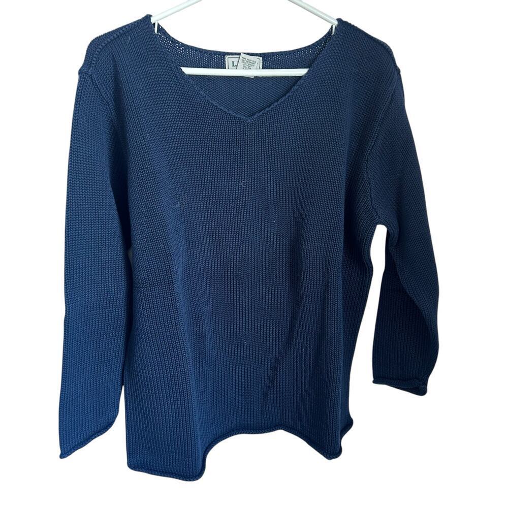 L. L. Bean Navy Blue Chunky 100% Cotton V Neck Sweater Size Small